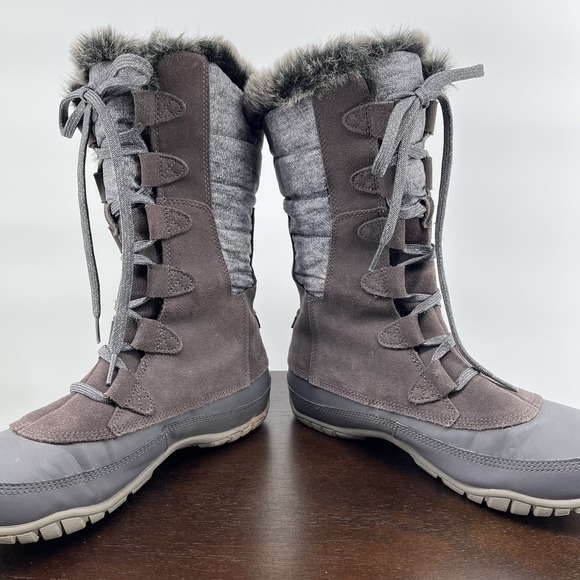 The North Face Boots Women's 8.5 Nuptse Purna Gray Suede Faux Fur Trim Mid Calf - Picture 6 of 8